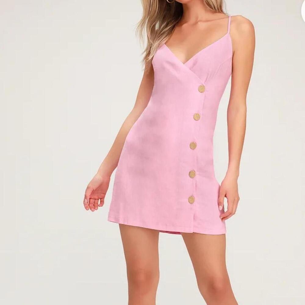Billie Light Pink Button Front Mini Wrap Dress by Lulus x LUSH. size medium